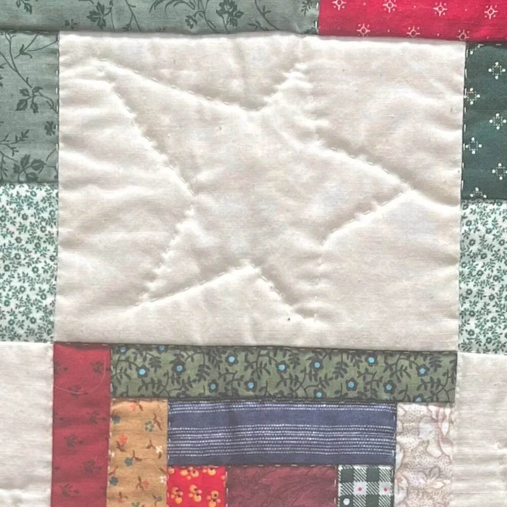 Handcrafted Hand Stitched Quilted Patchwork Log Cabin White Stars Table Topper
